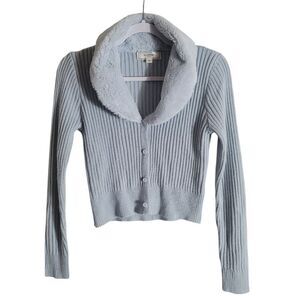 No Comment Ribbed Knit Cardigan Faux Fur Collar Women's Size Small Blue Y2K